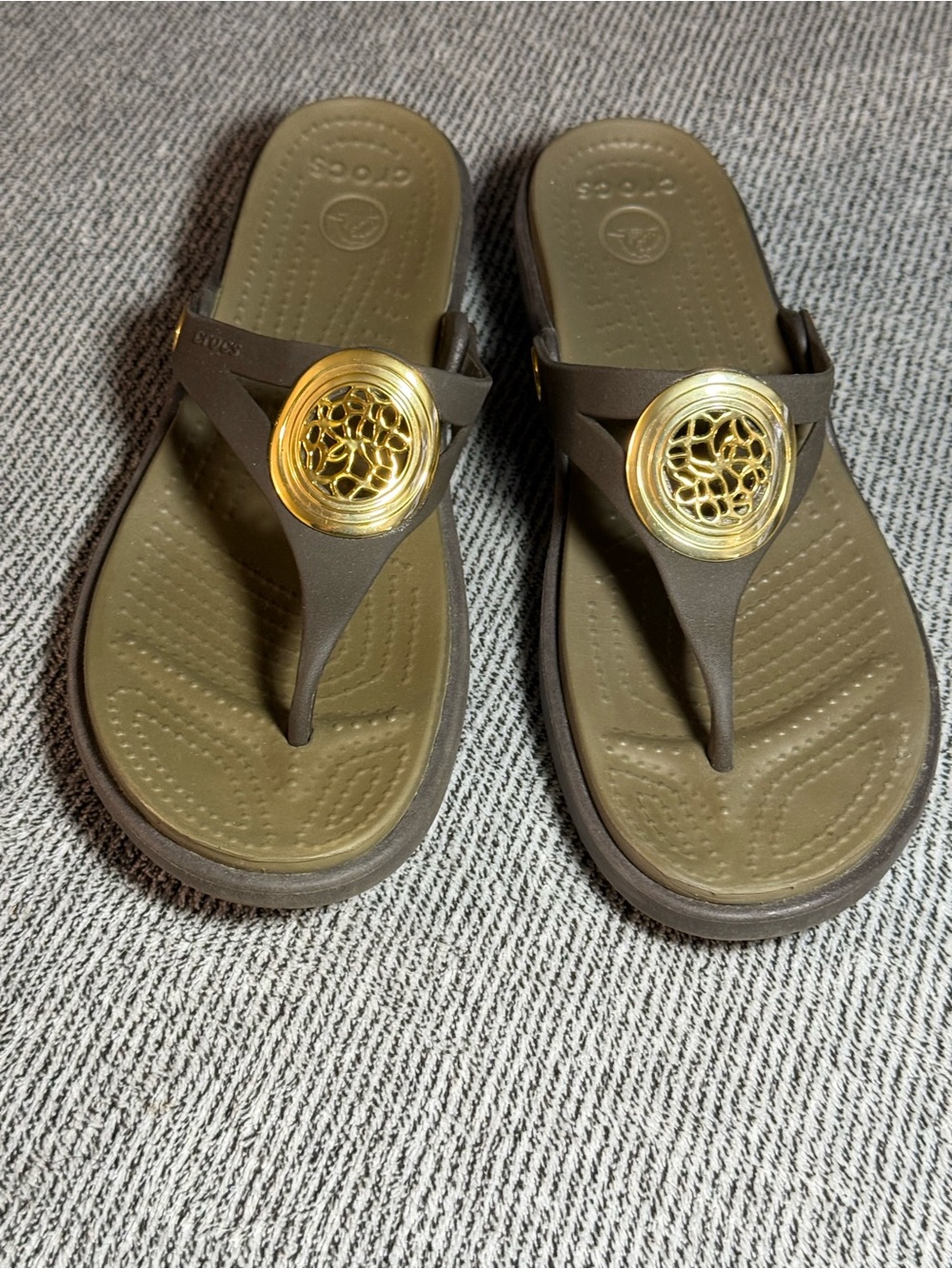 CROCS Brown Sandal with Gold Medallion Accent - Picture 2 of 5